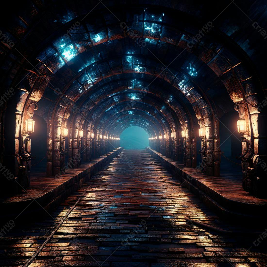 Túnel medieval iluminado com luzes antigas