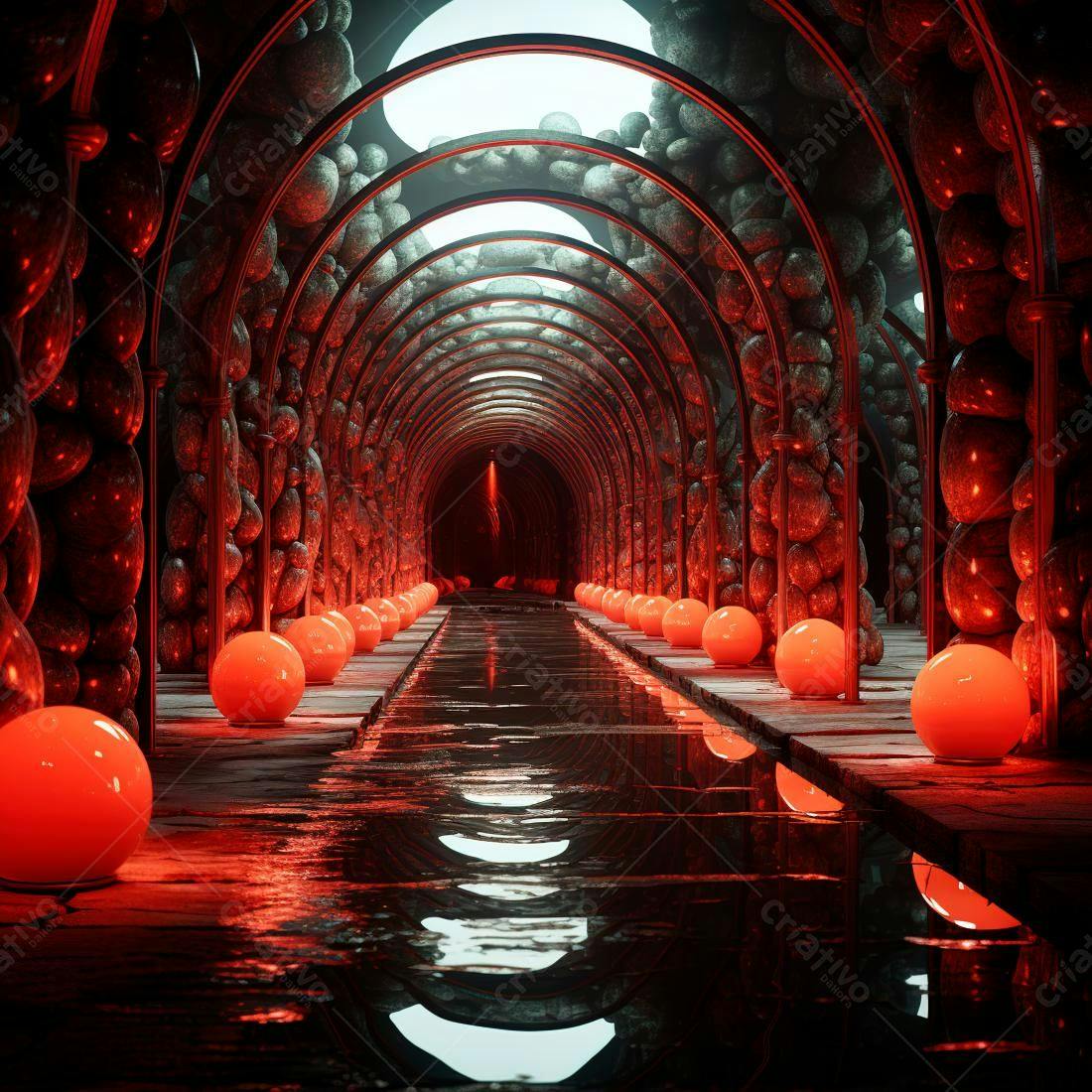 Túnel vermelho com esferas luminosas