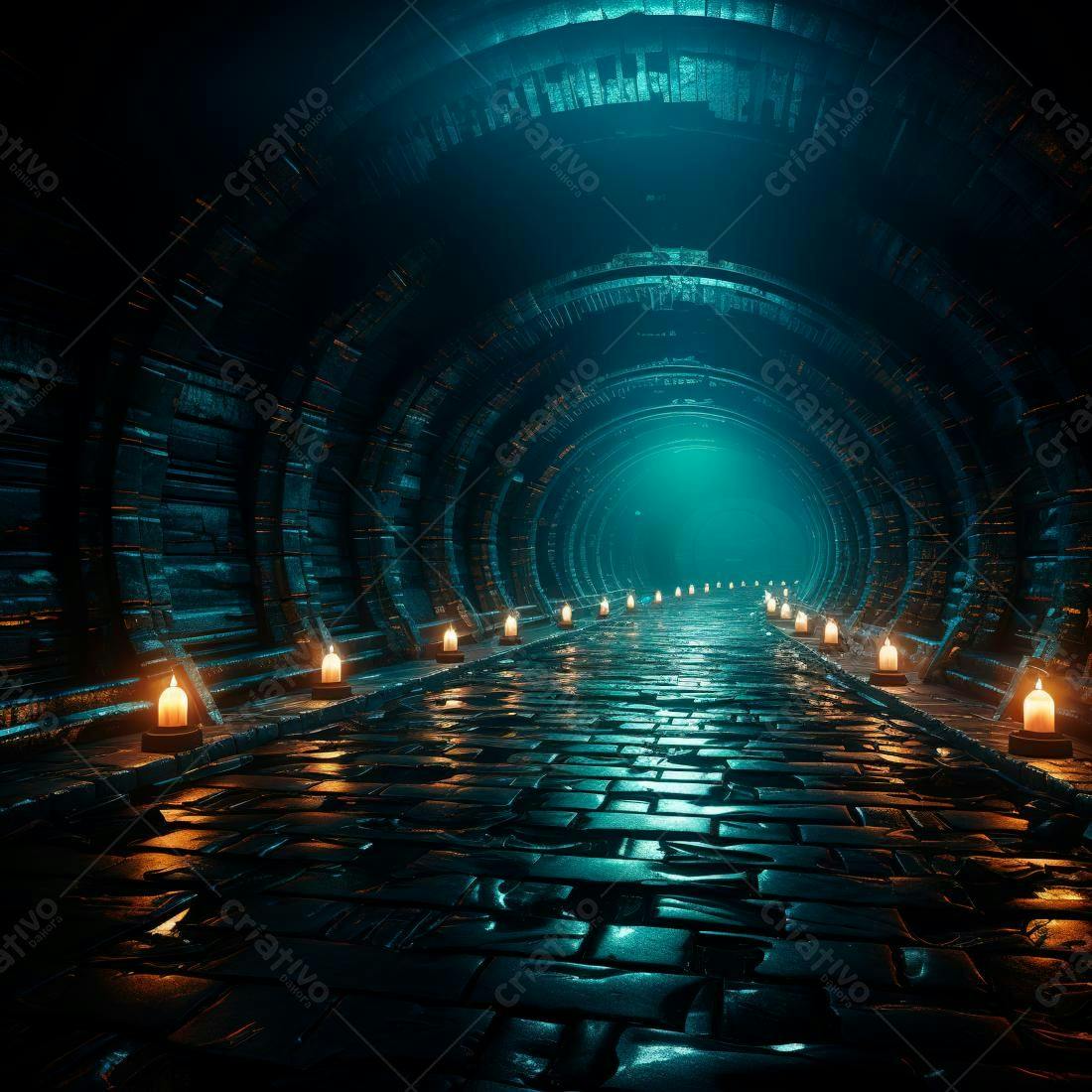 Túnel misterioso com velas iluminando caminho de pedra