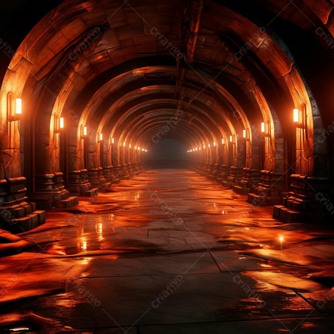 Corredor subterrâneo medieval com iluminação laranja