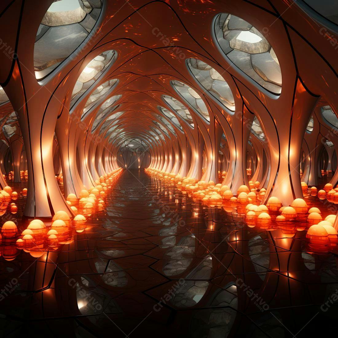 Corredor futurista laranja e branco com iluminação esférica
