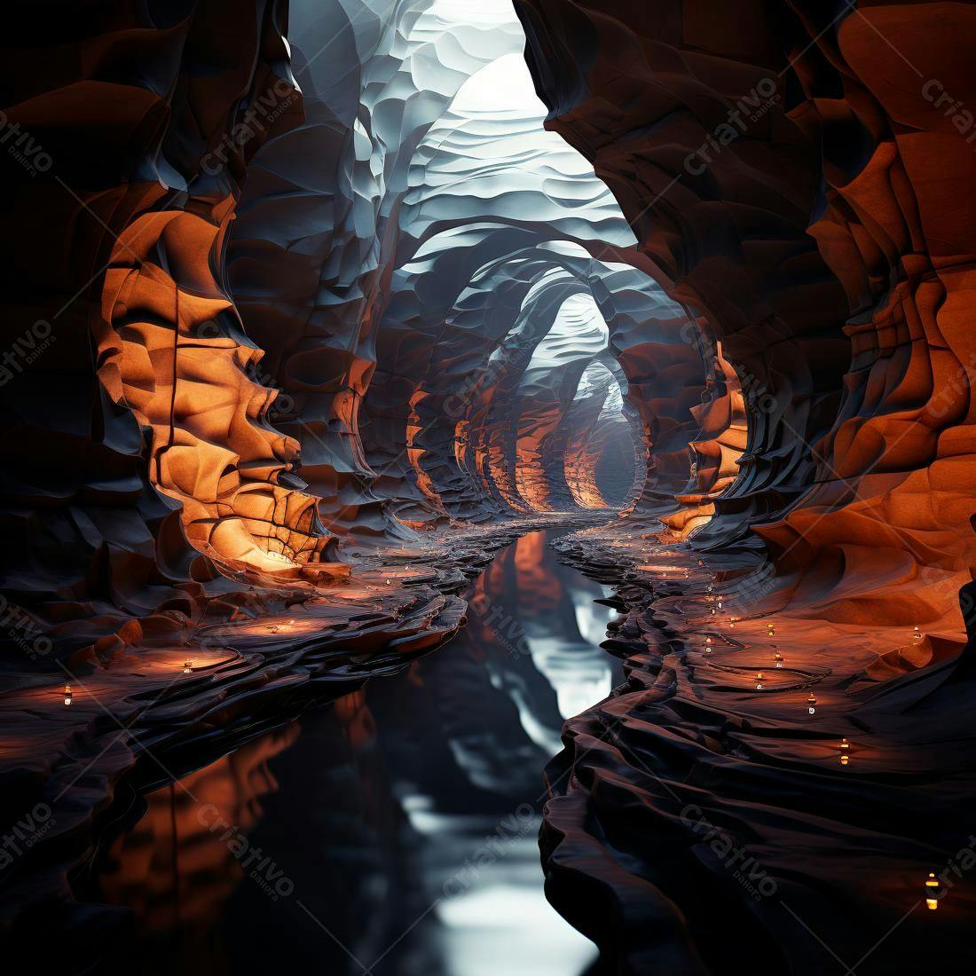 Caverna subterrânea com rio e velas