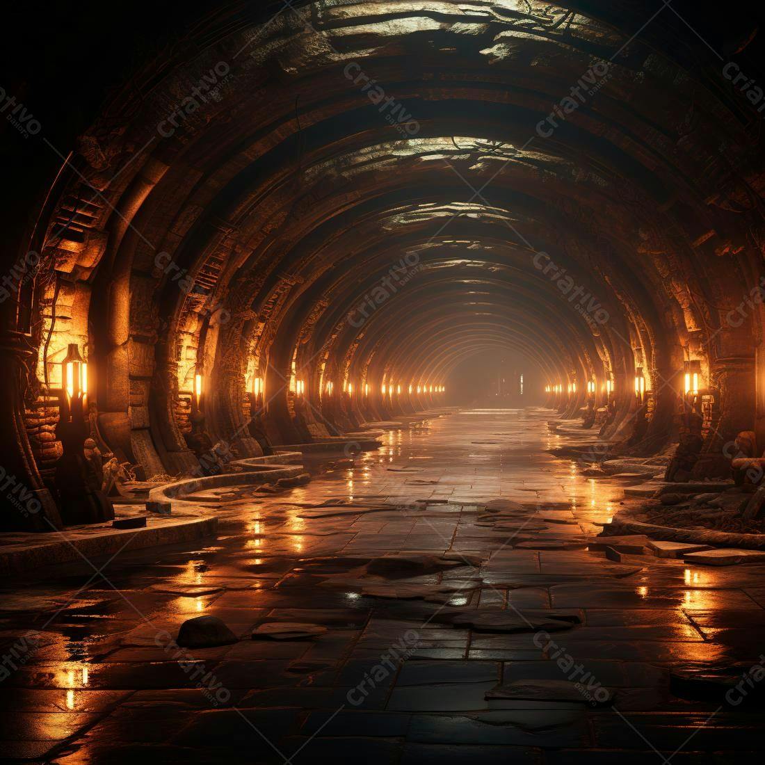 Túnel antigo iluminado com lamparinas