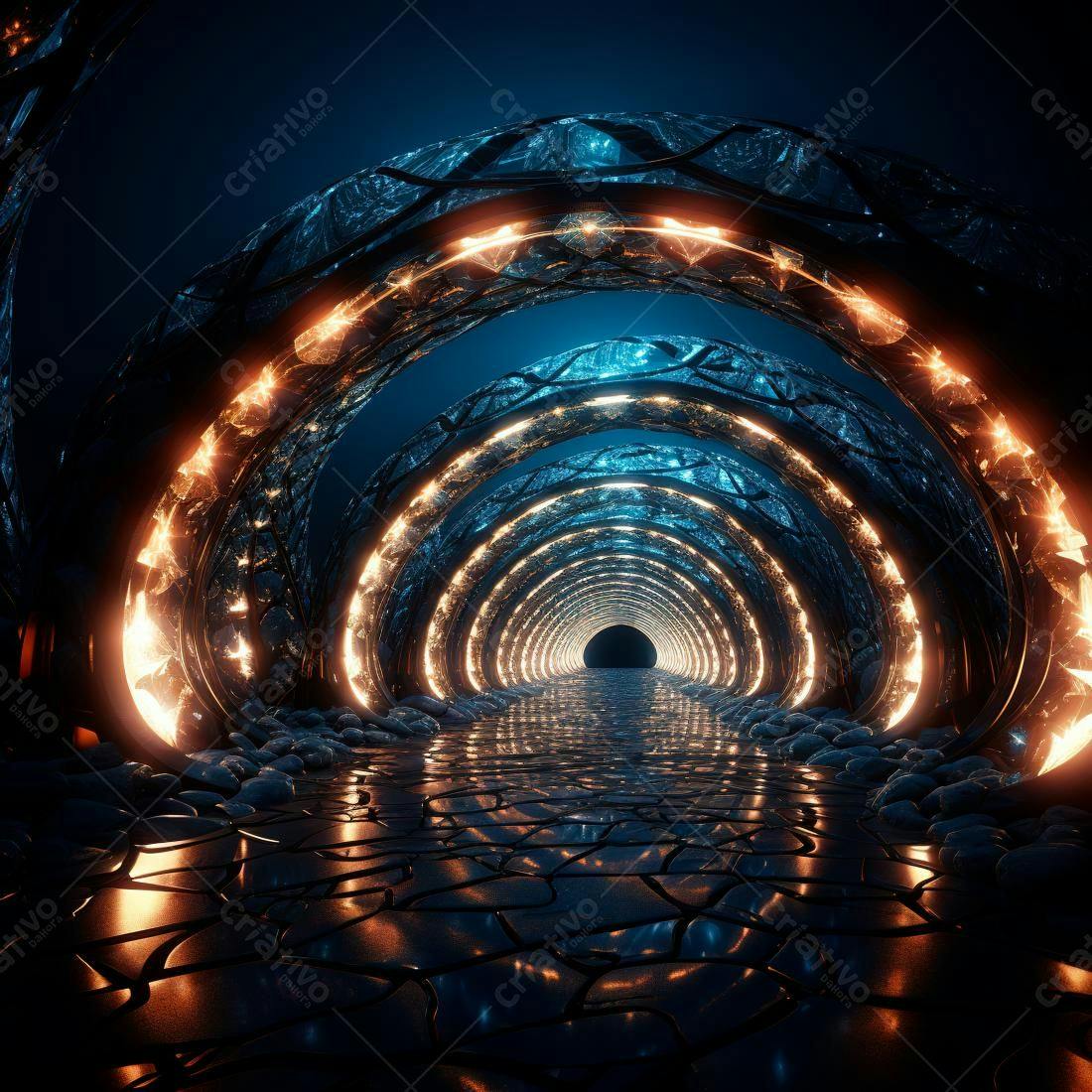 Túnel futurista com arcos azuis e laranjas