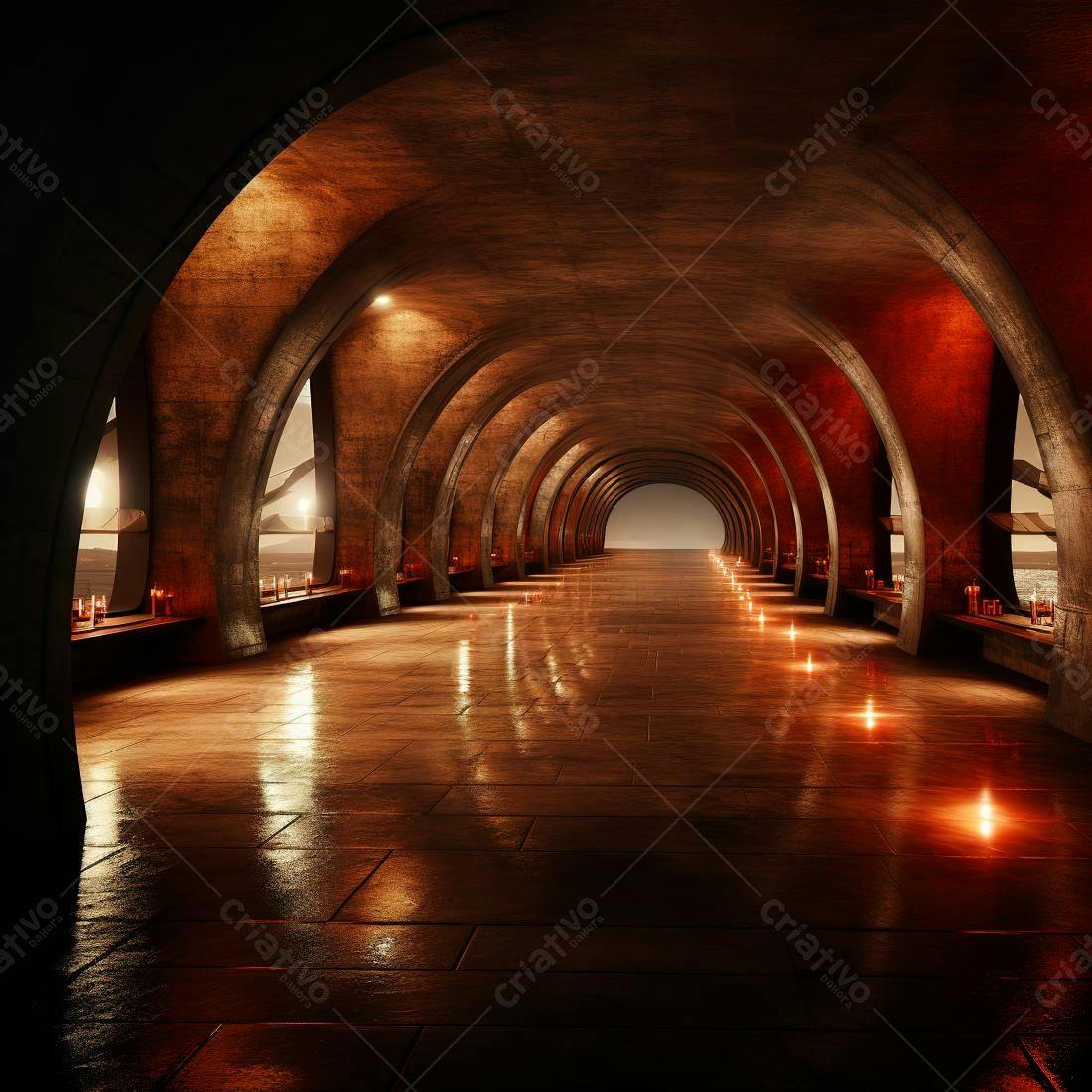 Corredor arqueado com velas e vista noturna