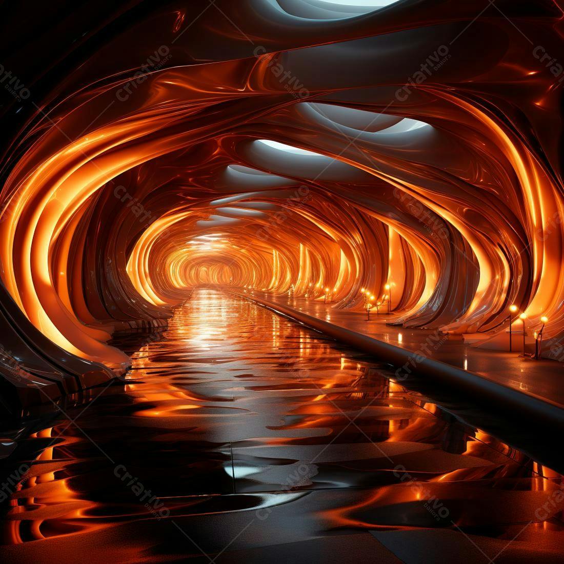 Túnel futurista laranja e metálico