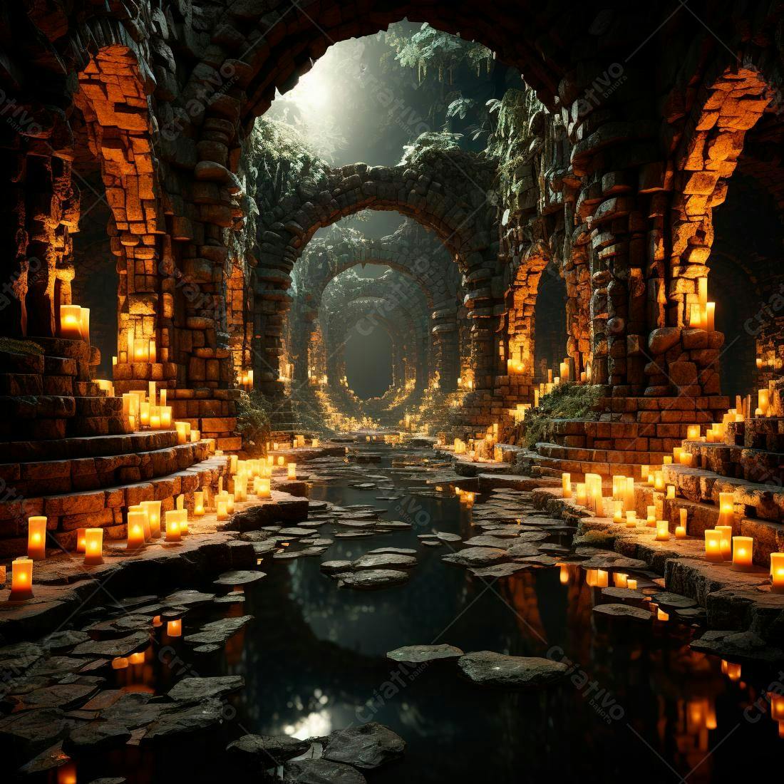Ruínas antigas iluminadas por velas