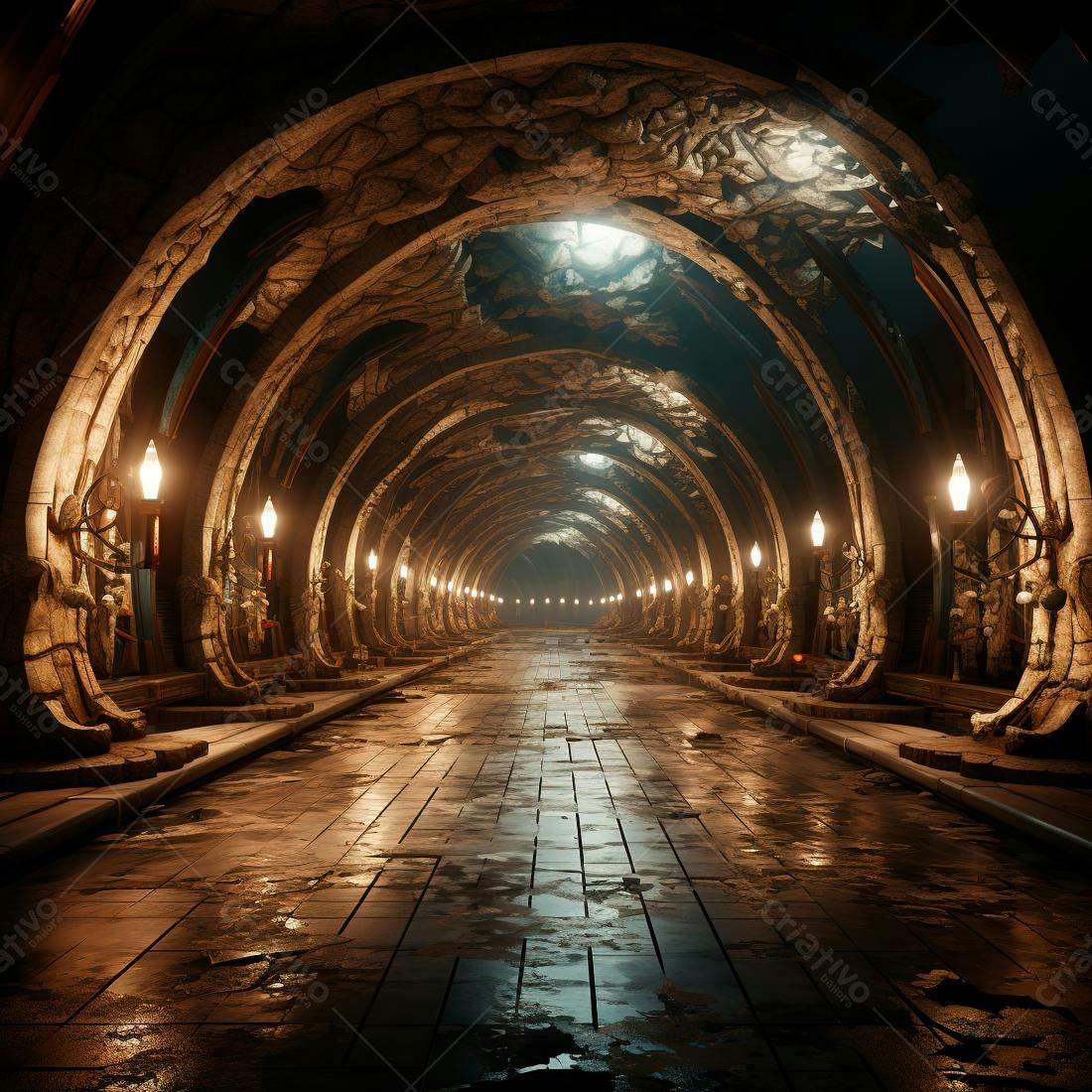 Túnel antigo com iluminação dourada e esculturas