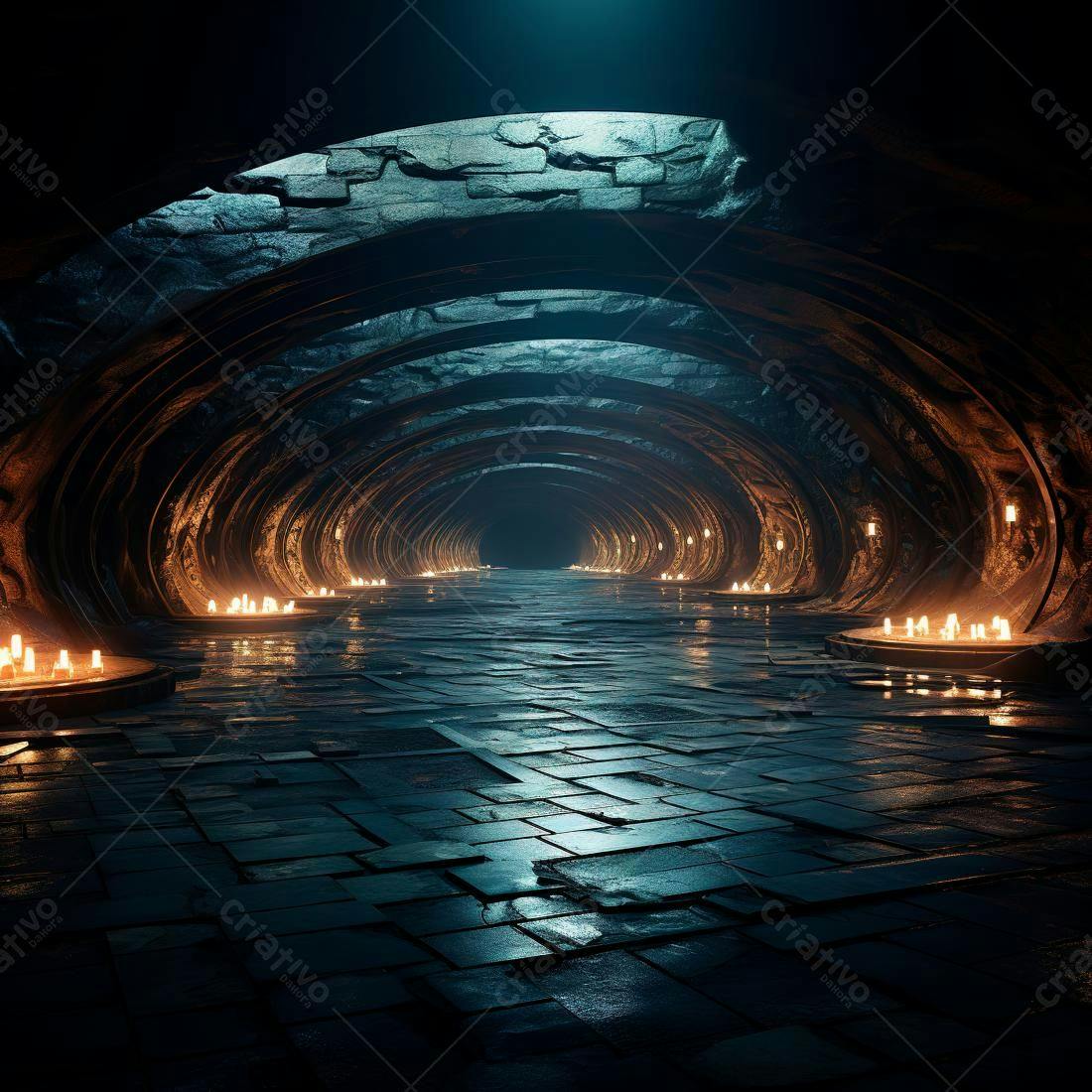Túnel de pedra com velas acesas