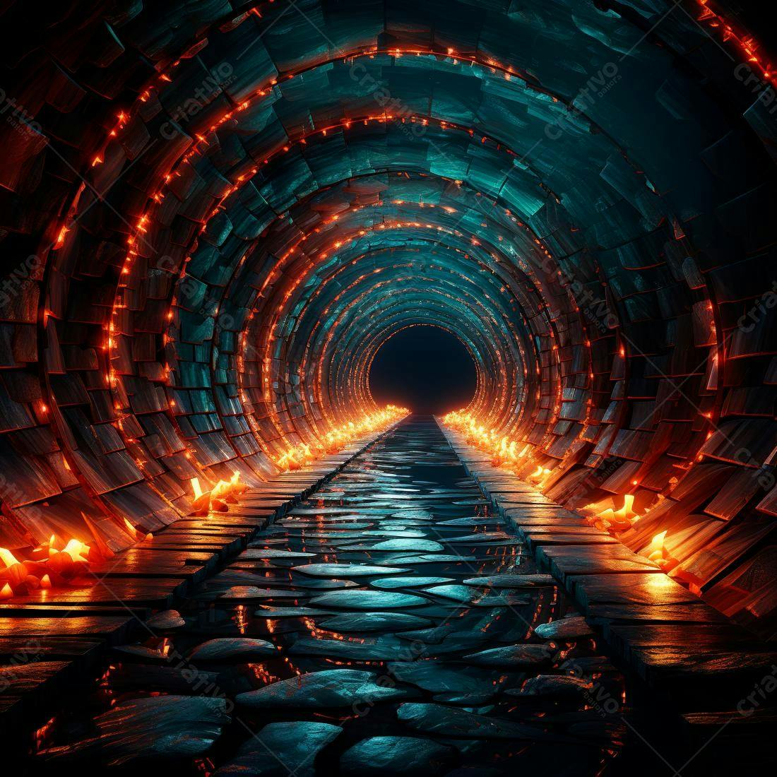 Túnel futurista com iluminação laranja e azul