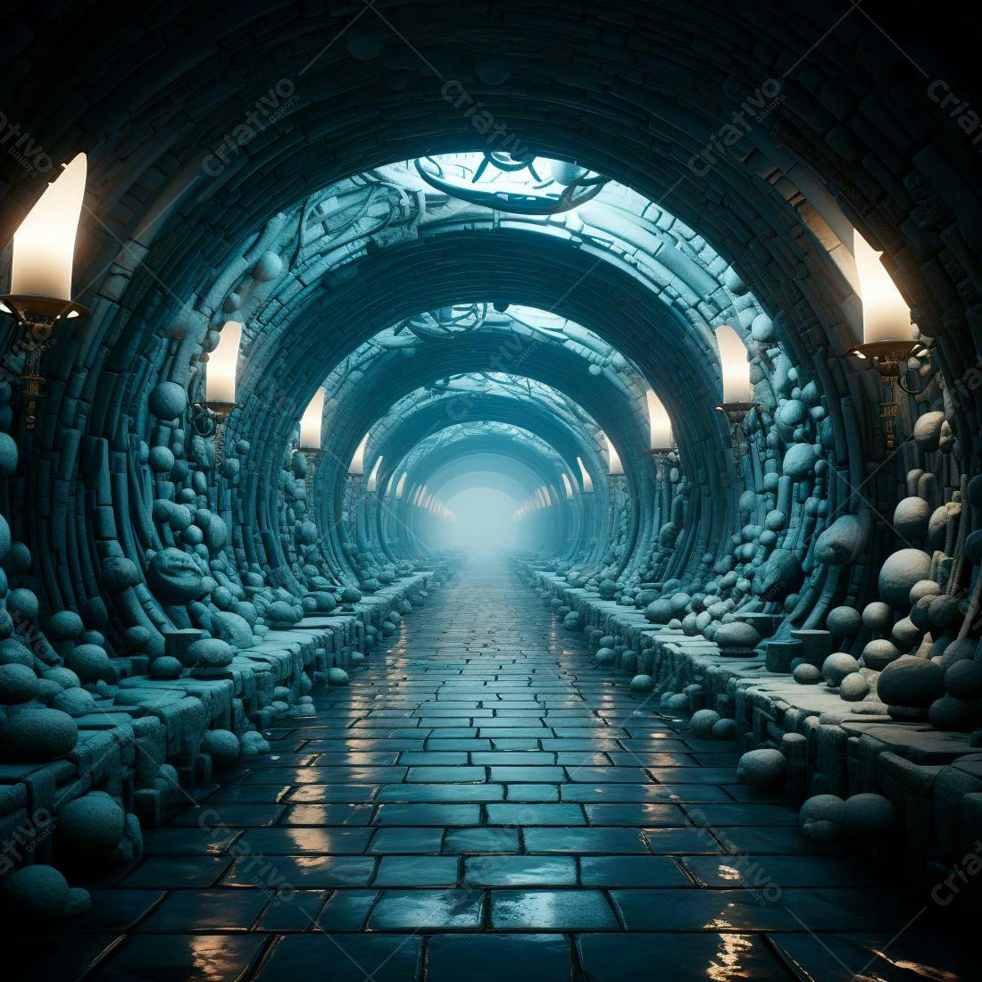 Túnel místico azul pedras iluminação suave