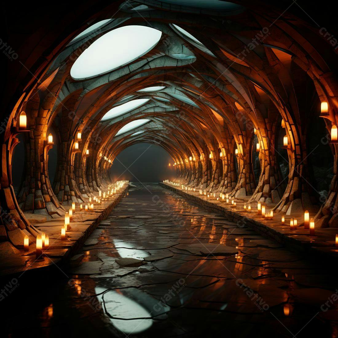Túnel medieval com velas e arquitetura gótica