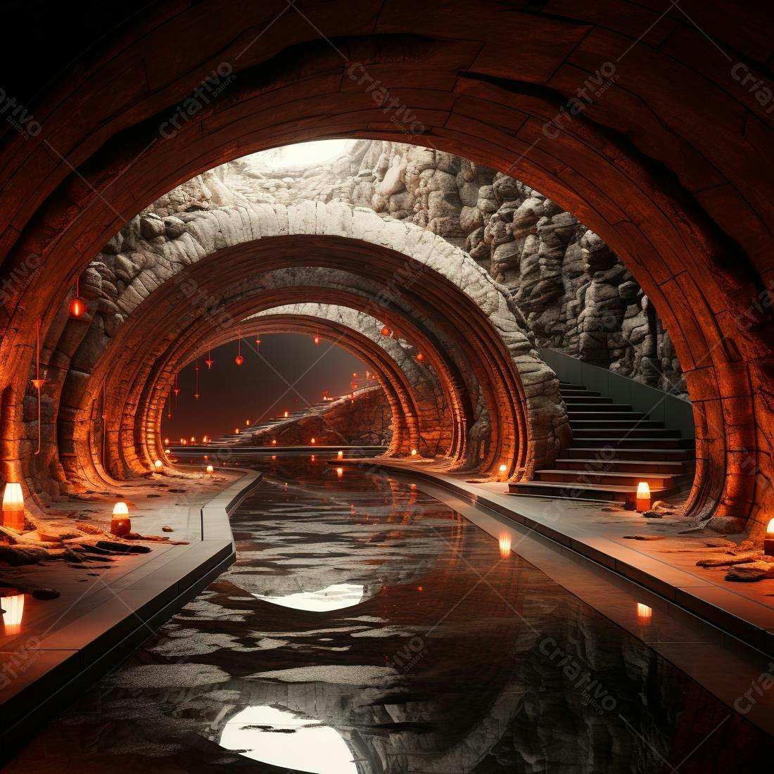 Túnel subterrâneo iluminado com velas e lanternas