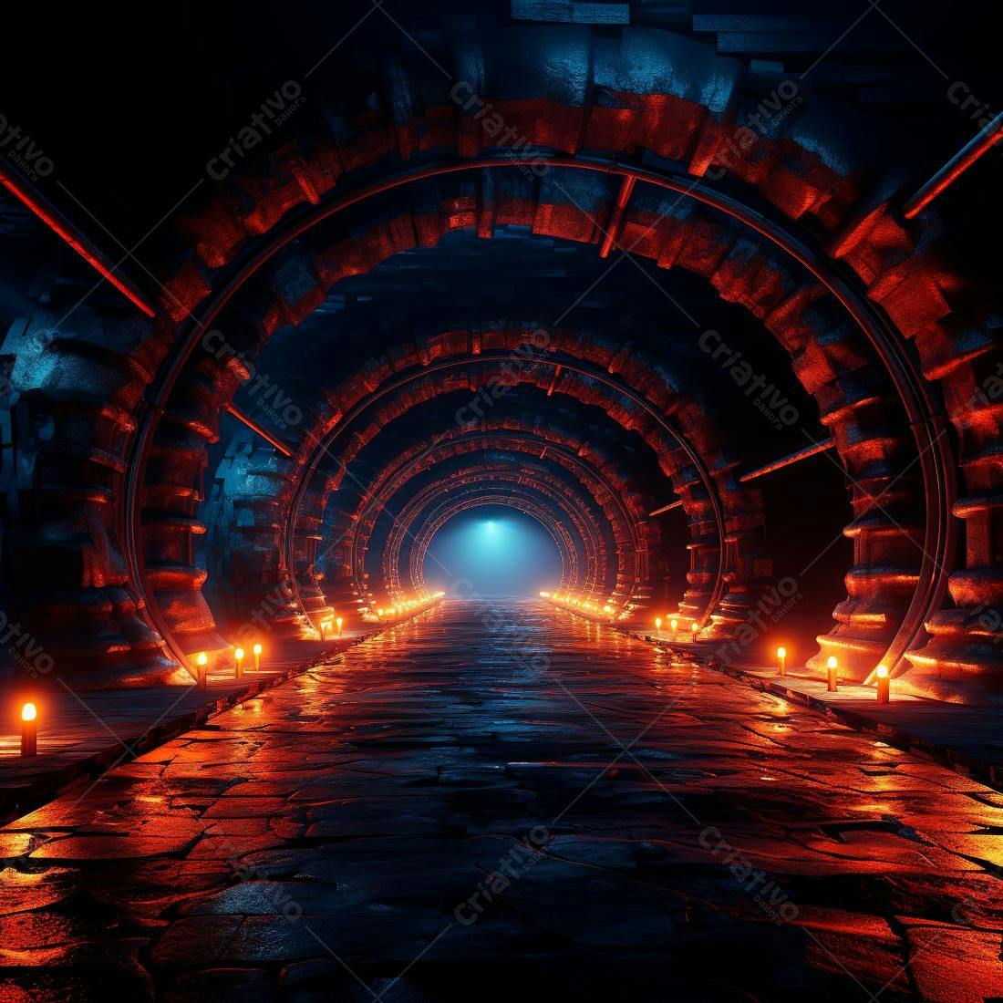Túnel futurista com iluminação vermelha e azul