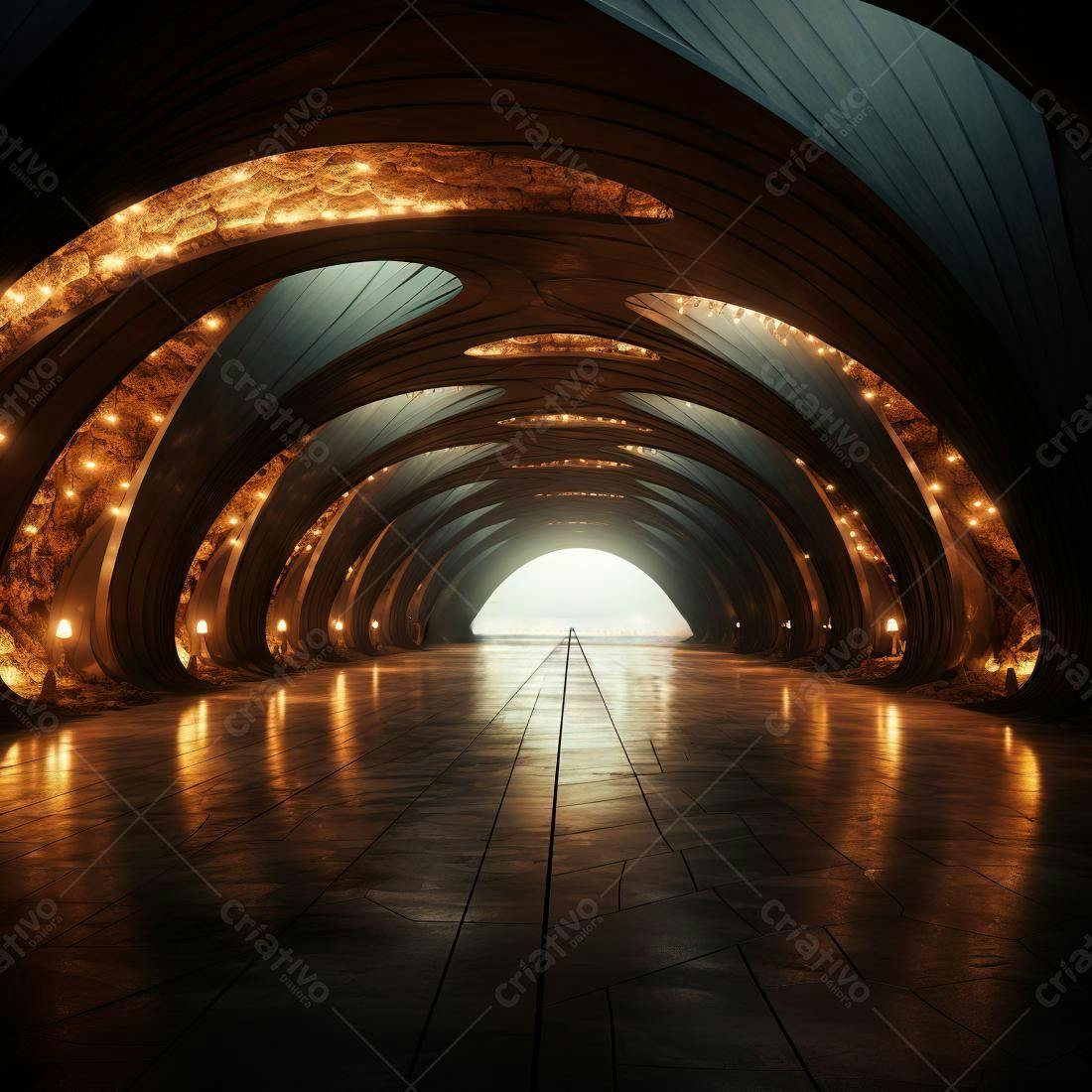 Túnel futurista com iluminação dourada e rochas