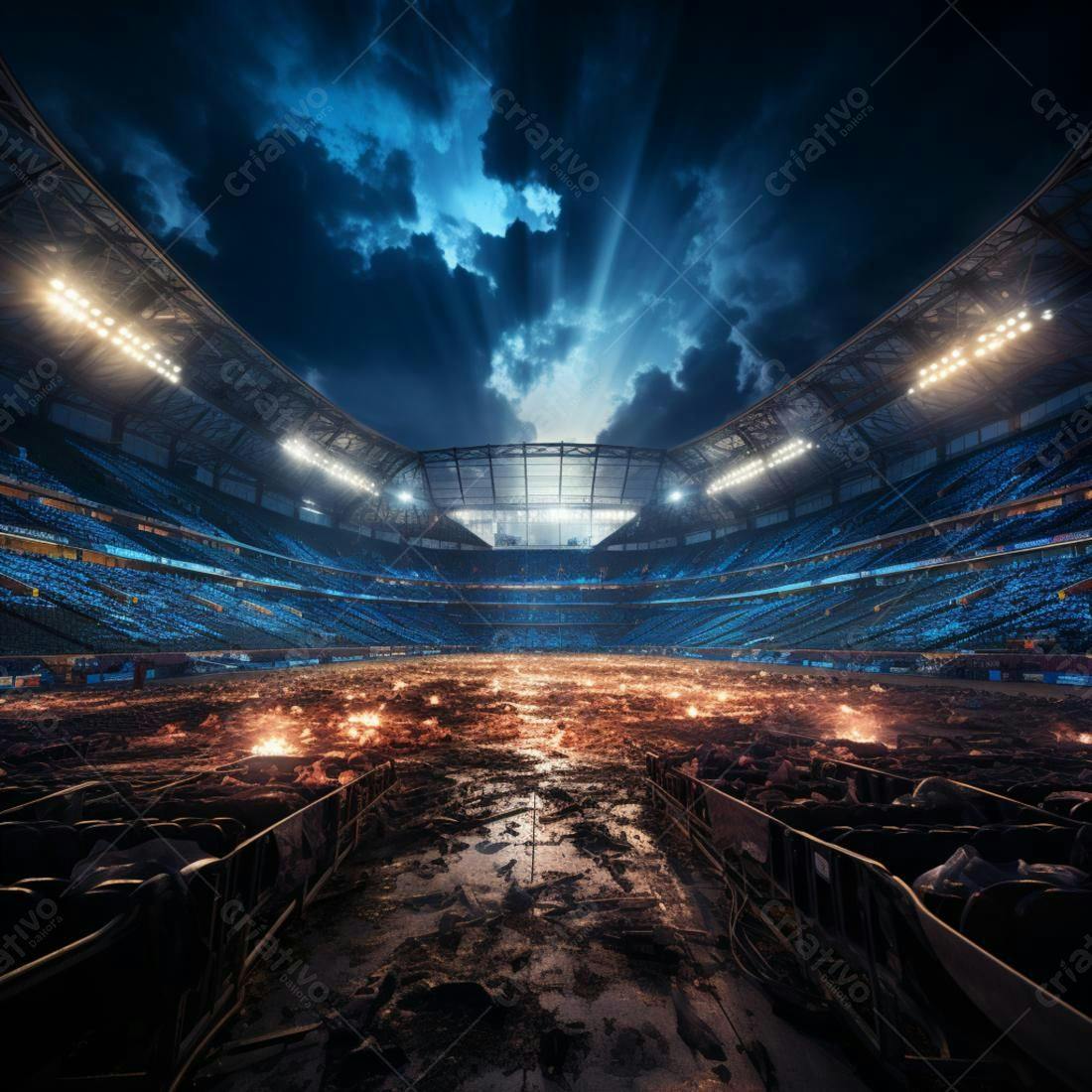 Estádio noturno com campo destruído e fogo