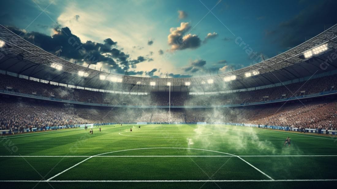 Estádio de futebol lotado ao entardecer