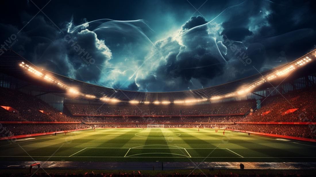 Estádio de futebol sob tempestade noturna