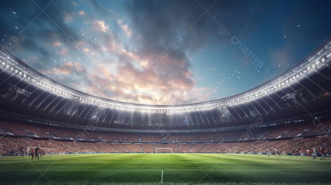 Estádio de futebol lotado ao entardecer