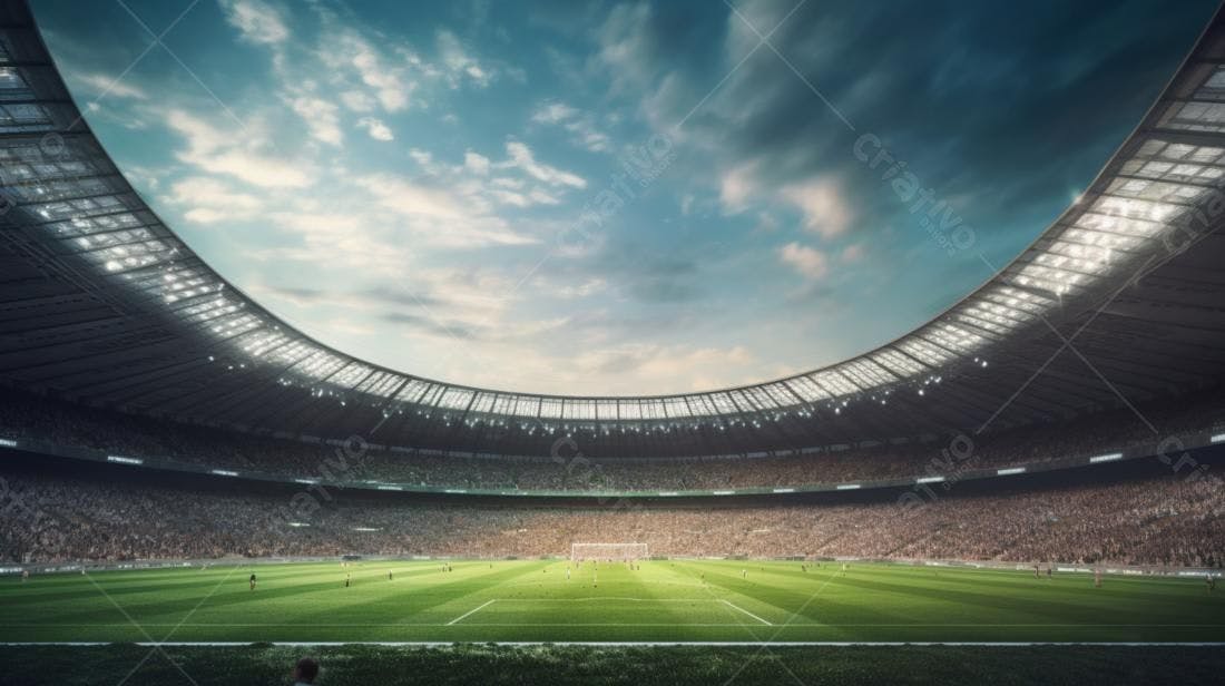 Estádio de futebol lotado sob céu nublado
