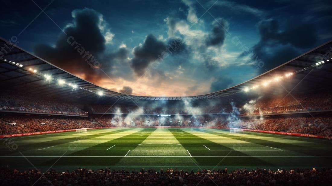 Estádio de futebol lotado ao entardecer