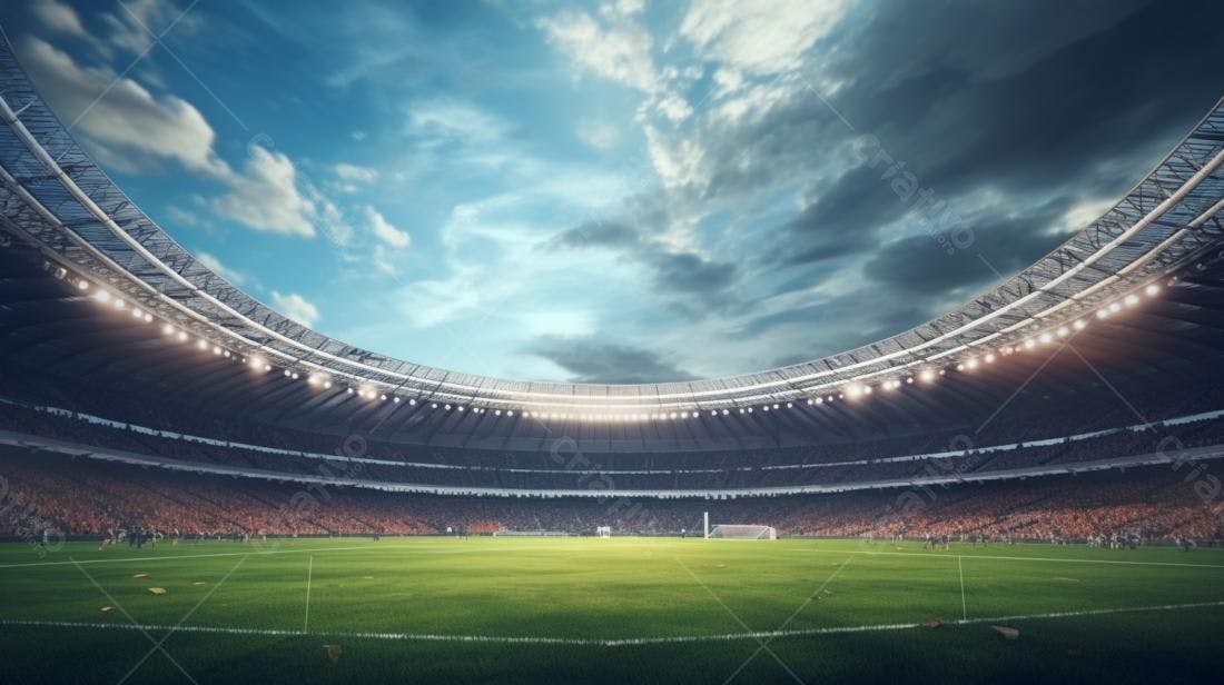 Estádio de futebol lotado sob um céu dramático