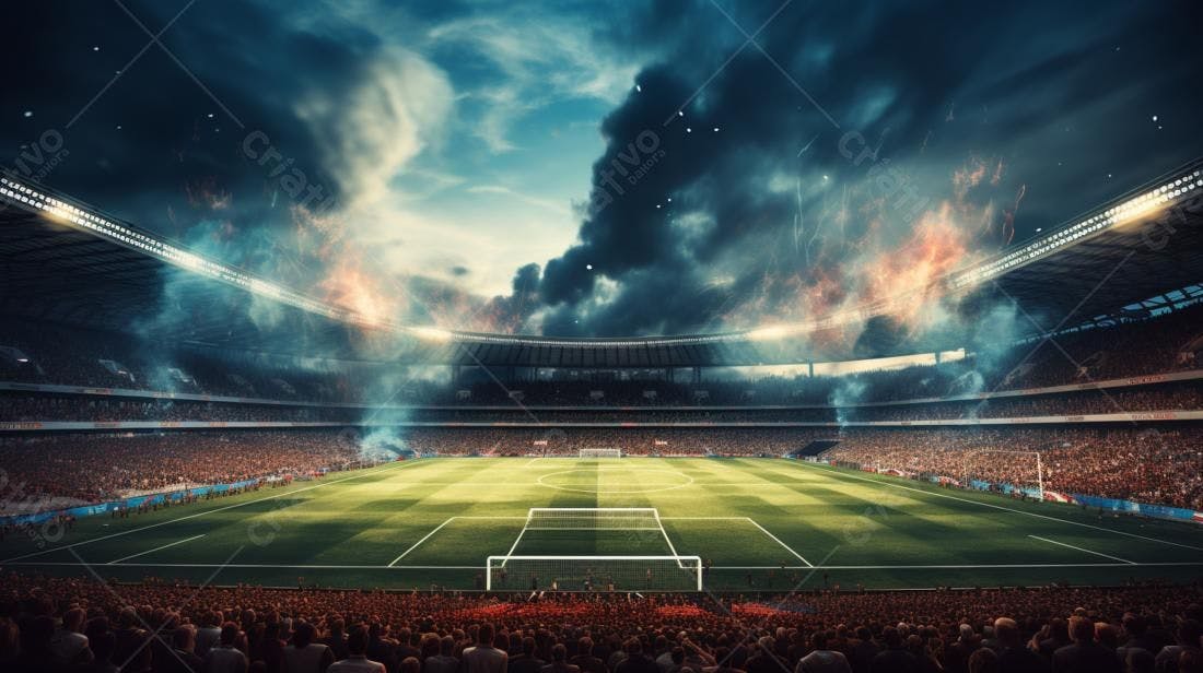 Estádio de futebol lotado com fumaça e fogos