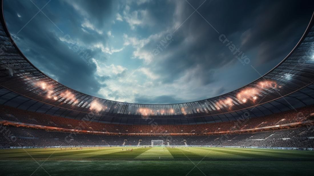 Estádio de futebol lotado sob um céu dramático