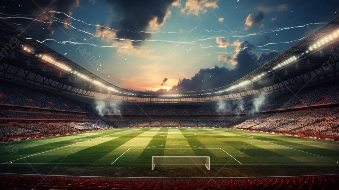 Estádio de futebol lotado ao entardecer