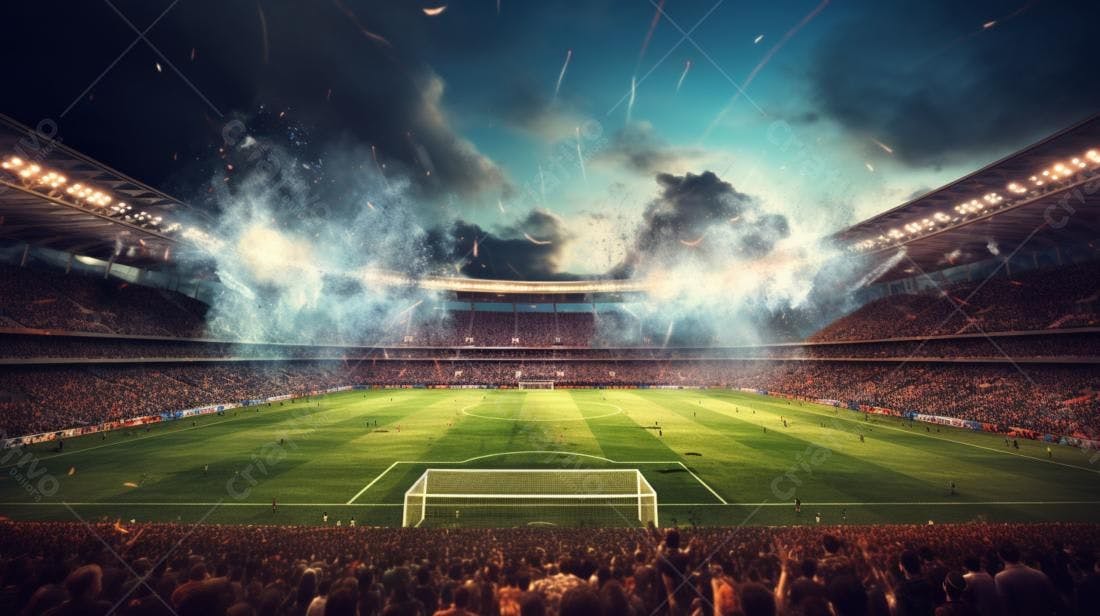 Estádio de futebol lotado com fogos de artifício