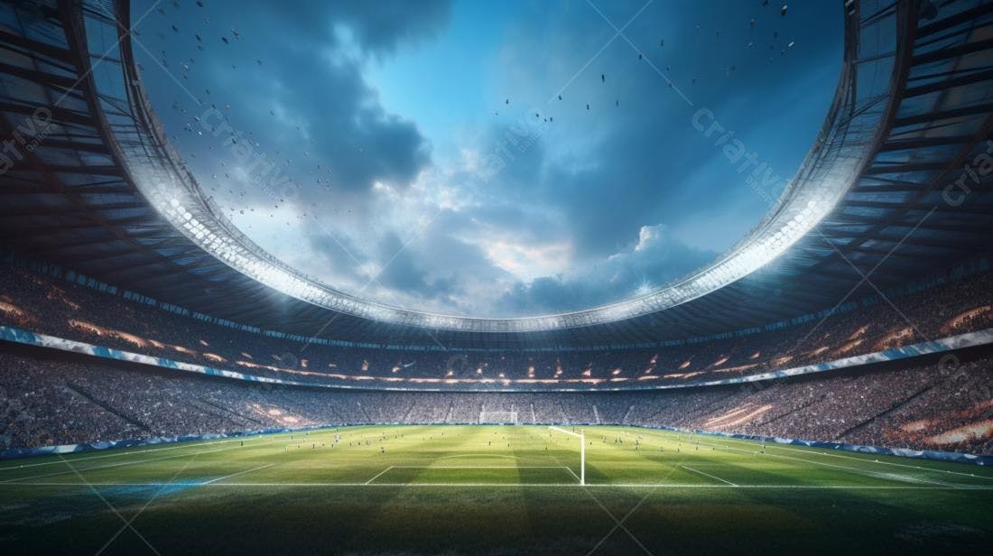 Estádio de futebol lotado sob céu nublado