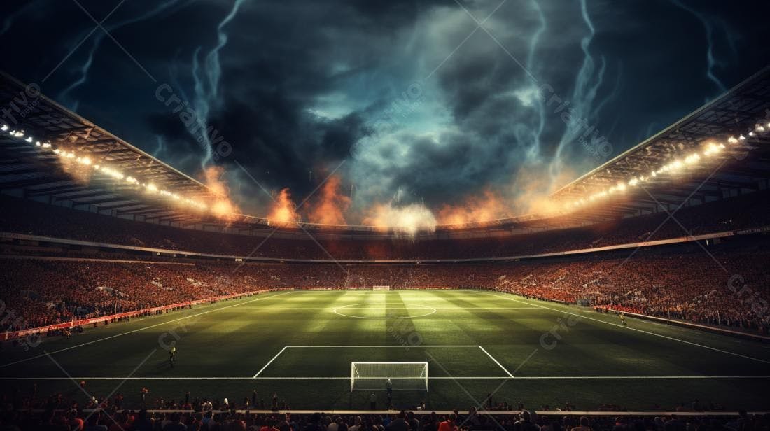 Estádio de futebol com tempestade noturna