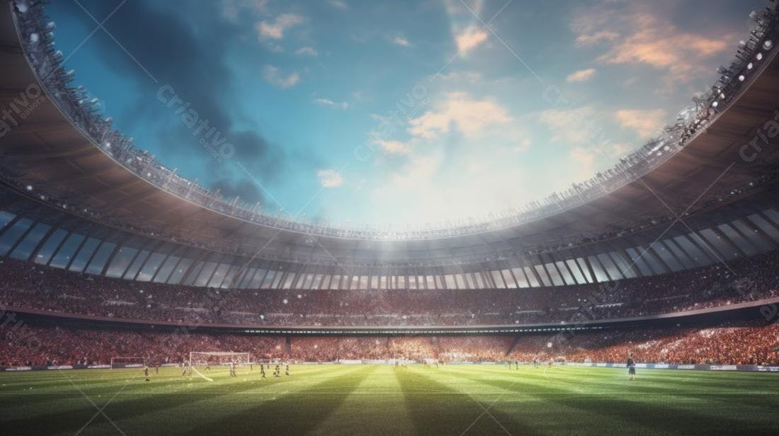 Estádio de futebol lotado com jogo em andamento