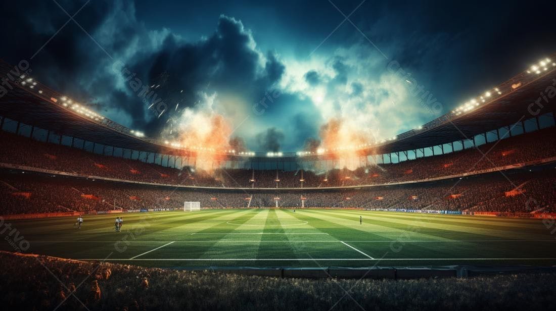 Estádio de futebol noturno com fogos