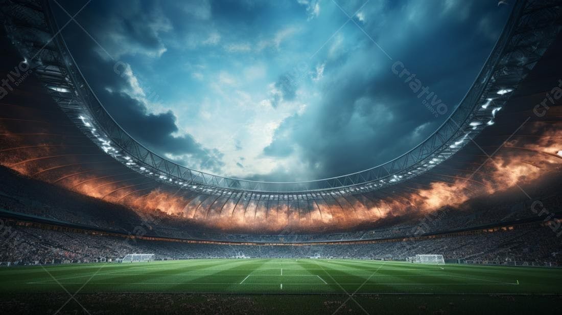 Estádio de futebol com fogo e céu dramático