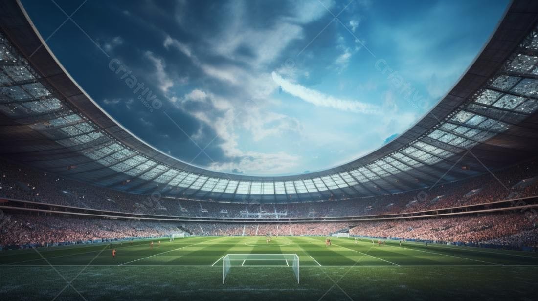 Estádio de futebol lotado sob céu azul
