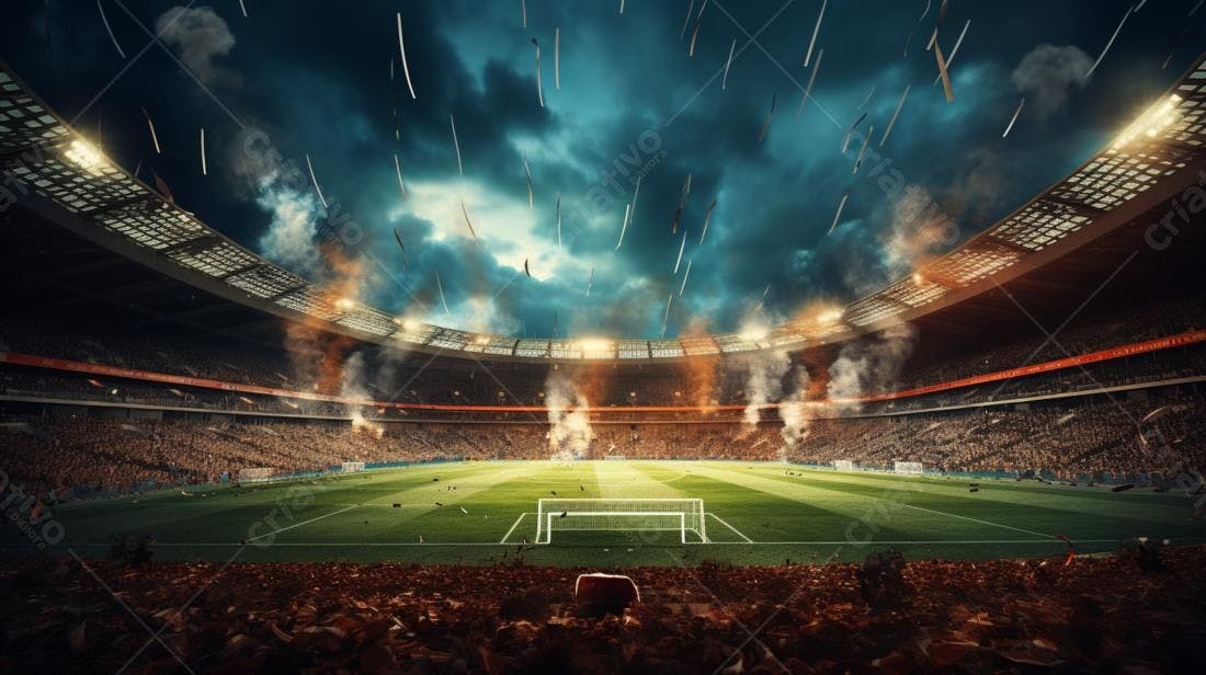 Estádio de futebol com explosões e fumaça