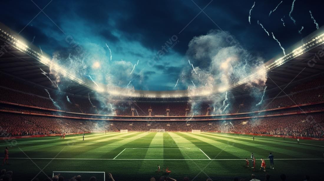 Estádio de futebol com fogos de artifício
