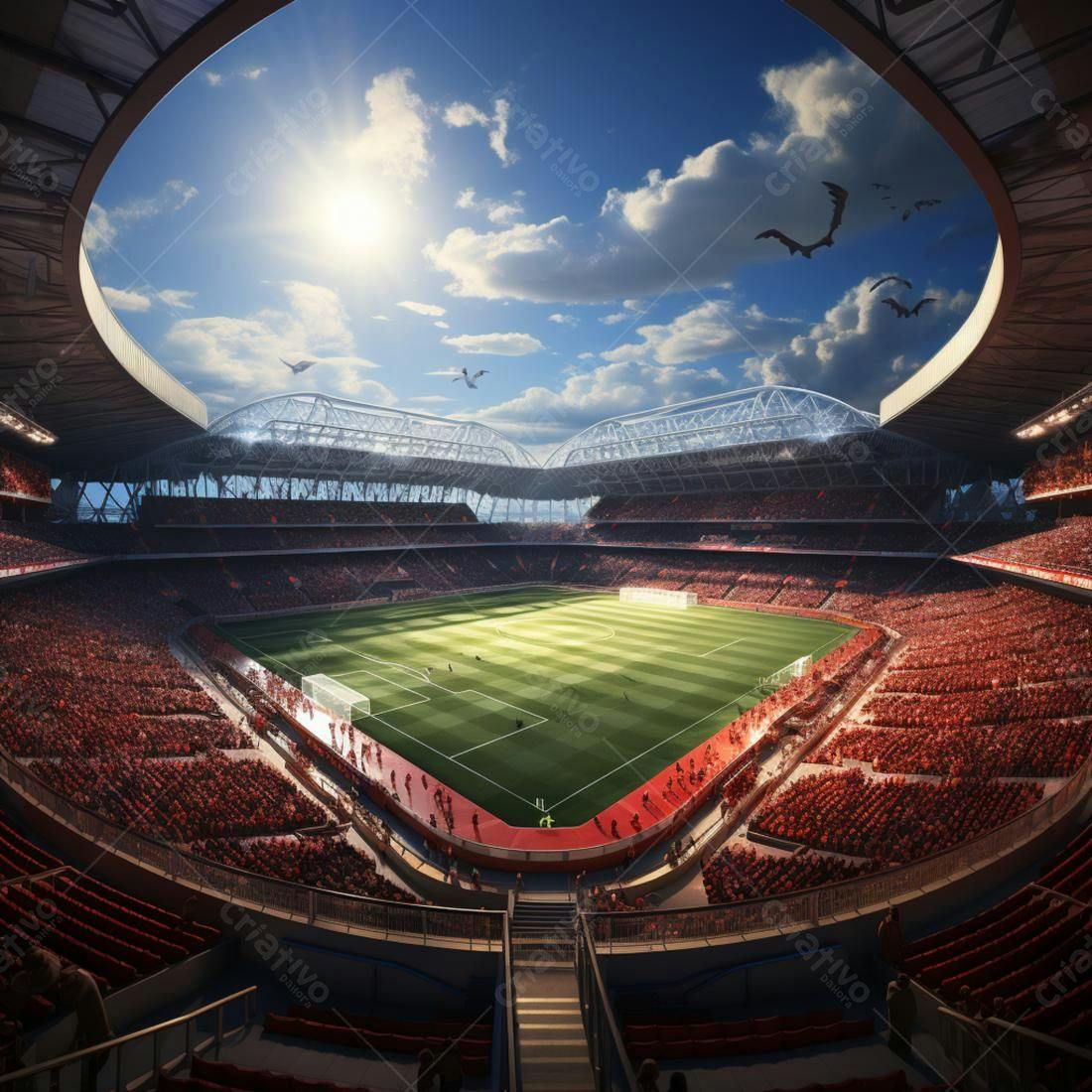 Estádio de Futebol lotado com céu azul