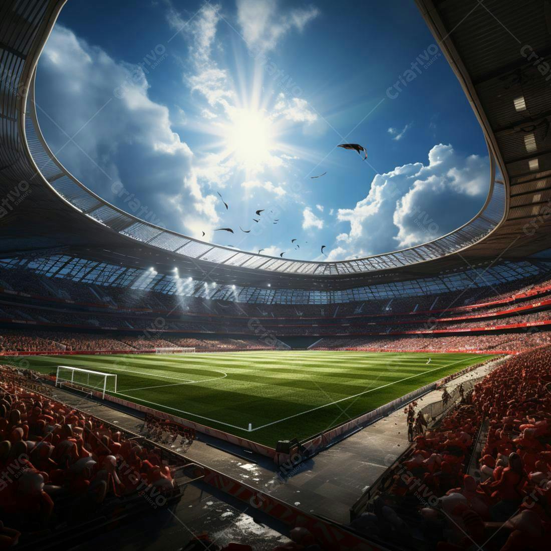 Estádio de futebol lotado sob céu azul