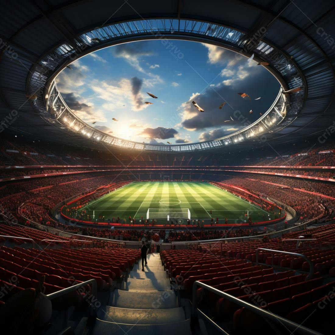 Estádio de futebol lotado ao entardecer