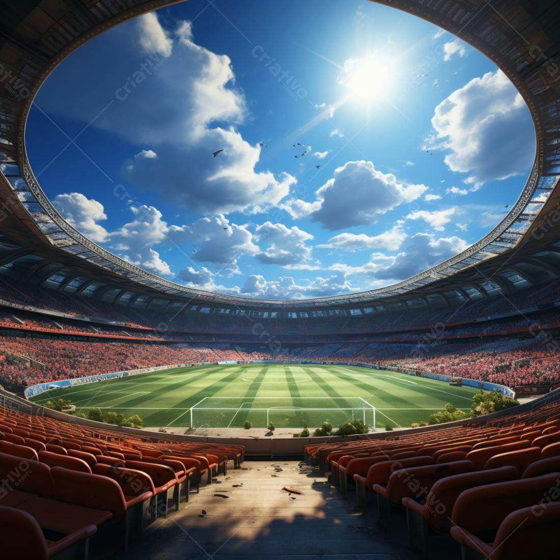Estádio de futebol lotado dia ensolarado