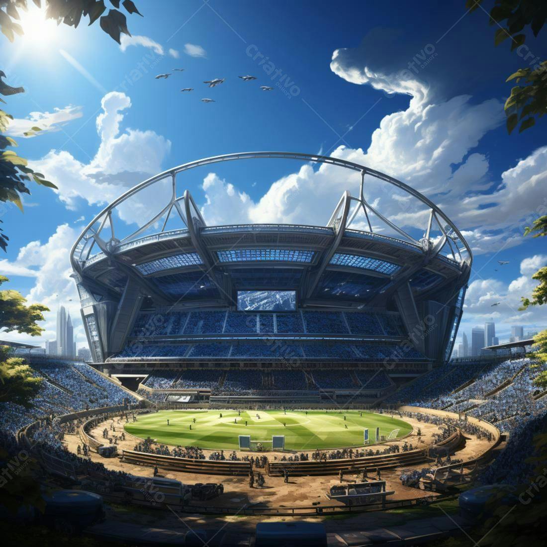 Estádio futurista lotado em dia ensolarado