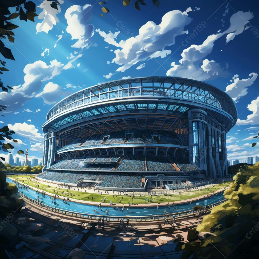 Estádio lotado em dia ensolarado