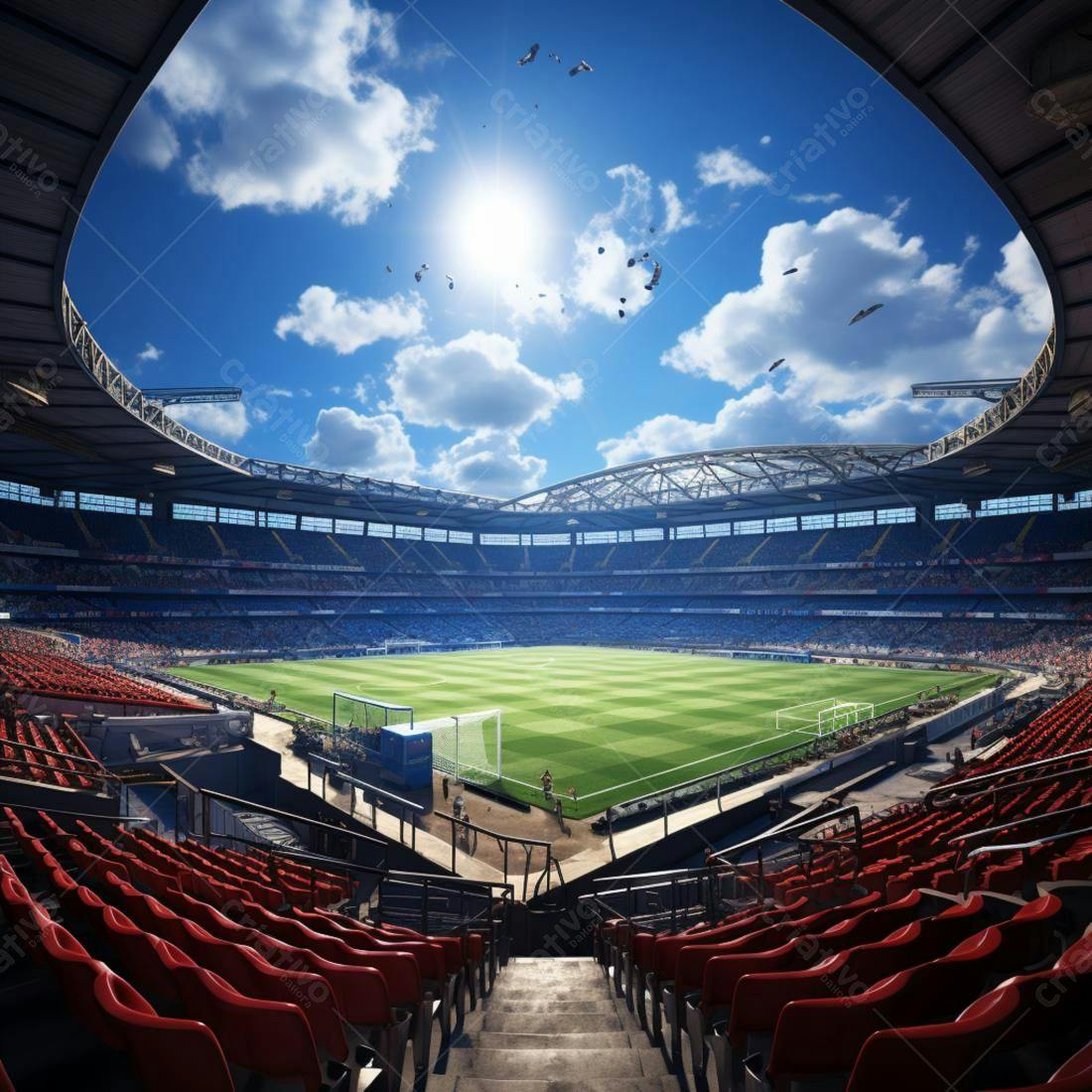 Estádio de futebol ensolarado com arquibancadas vermelhas