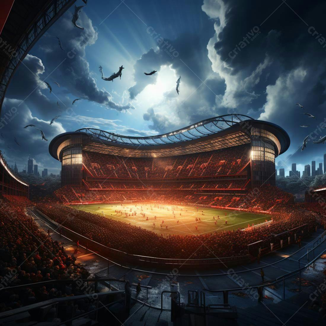 Estádio de futebol noturno com dragões voando