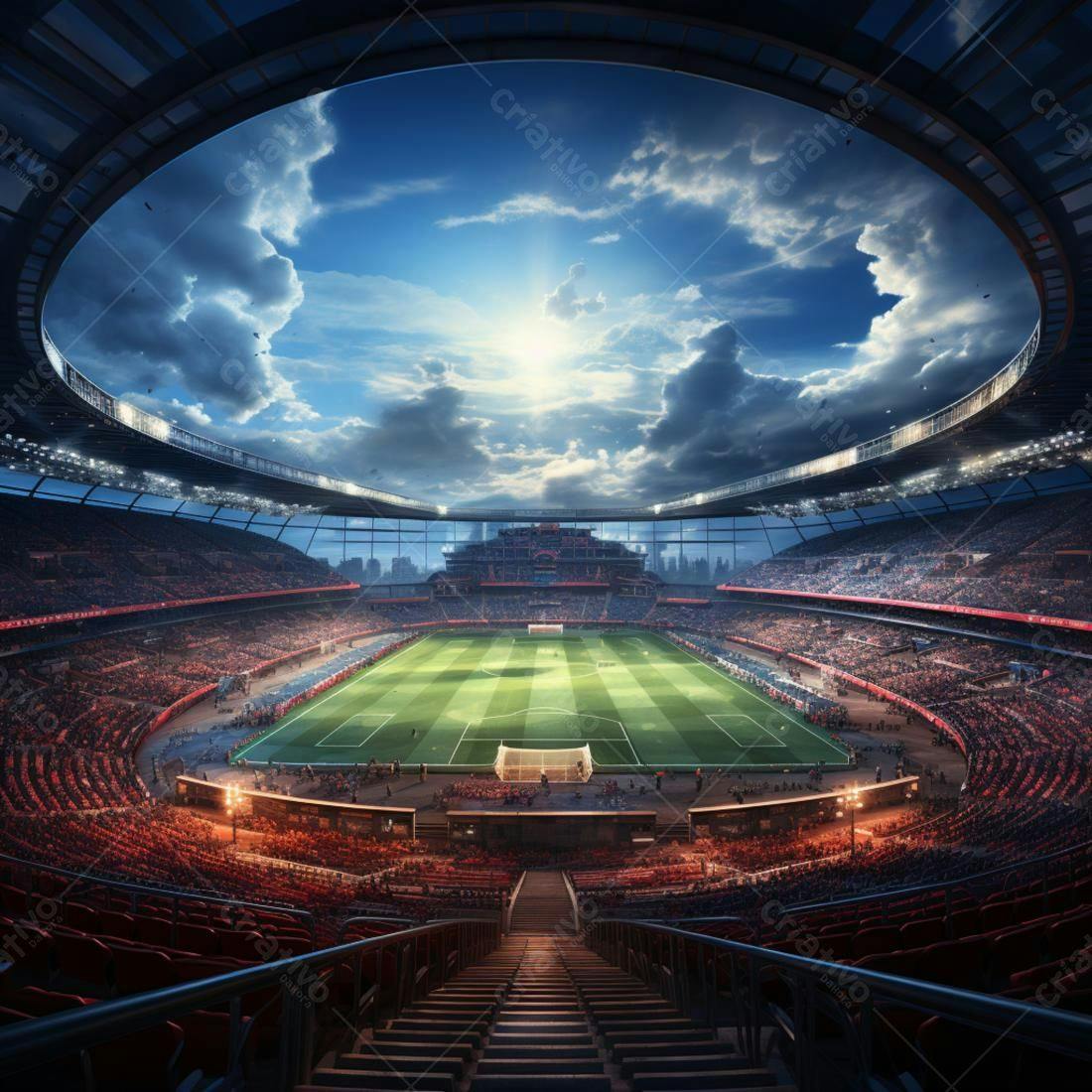 Estádio de futebol lotado ao entardecer