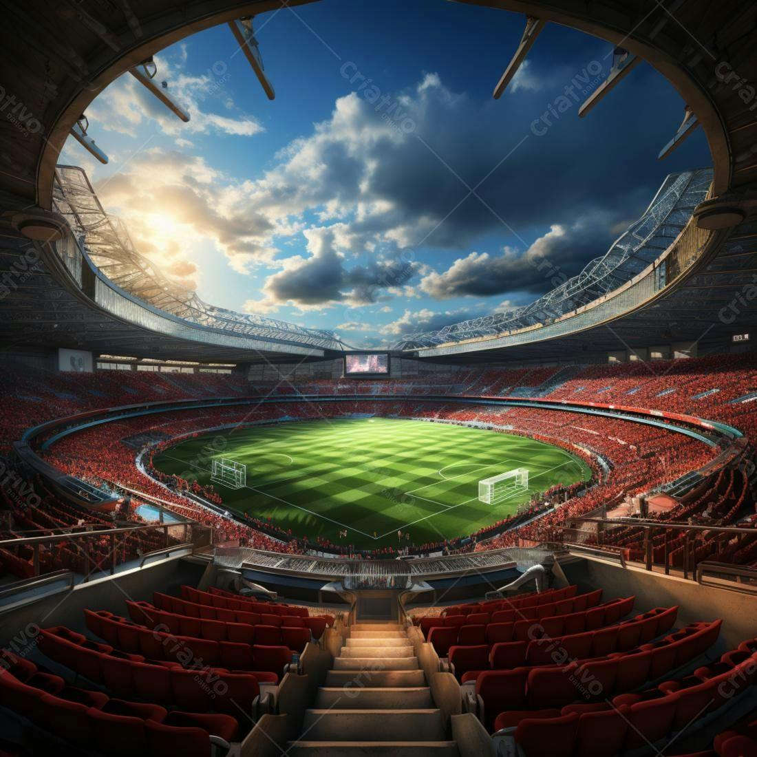 Estádio de futebol lotado ao pôr do sol