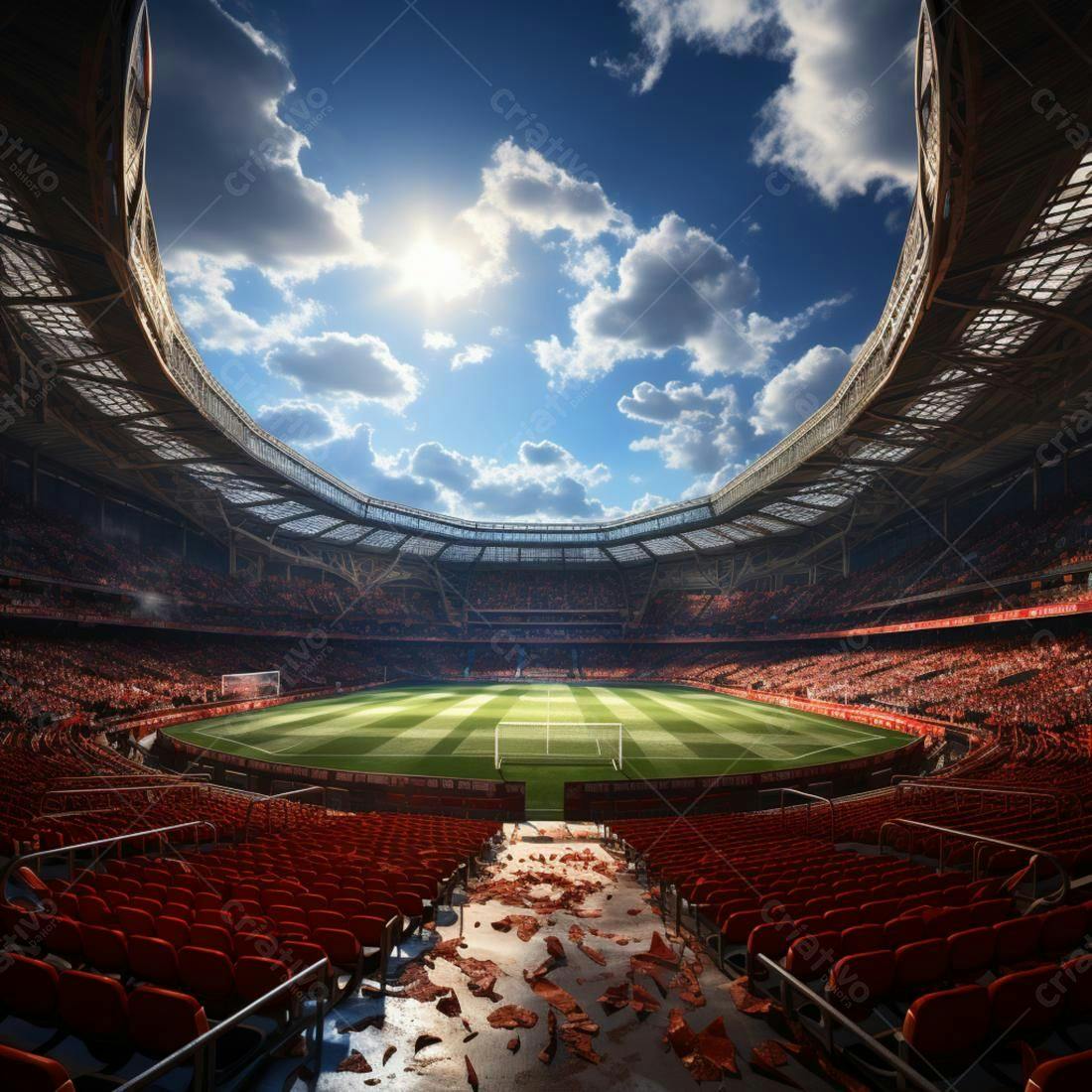 Estádio de futebol lotado com céu azul