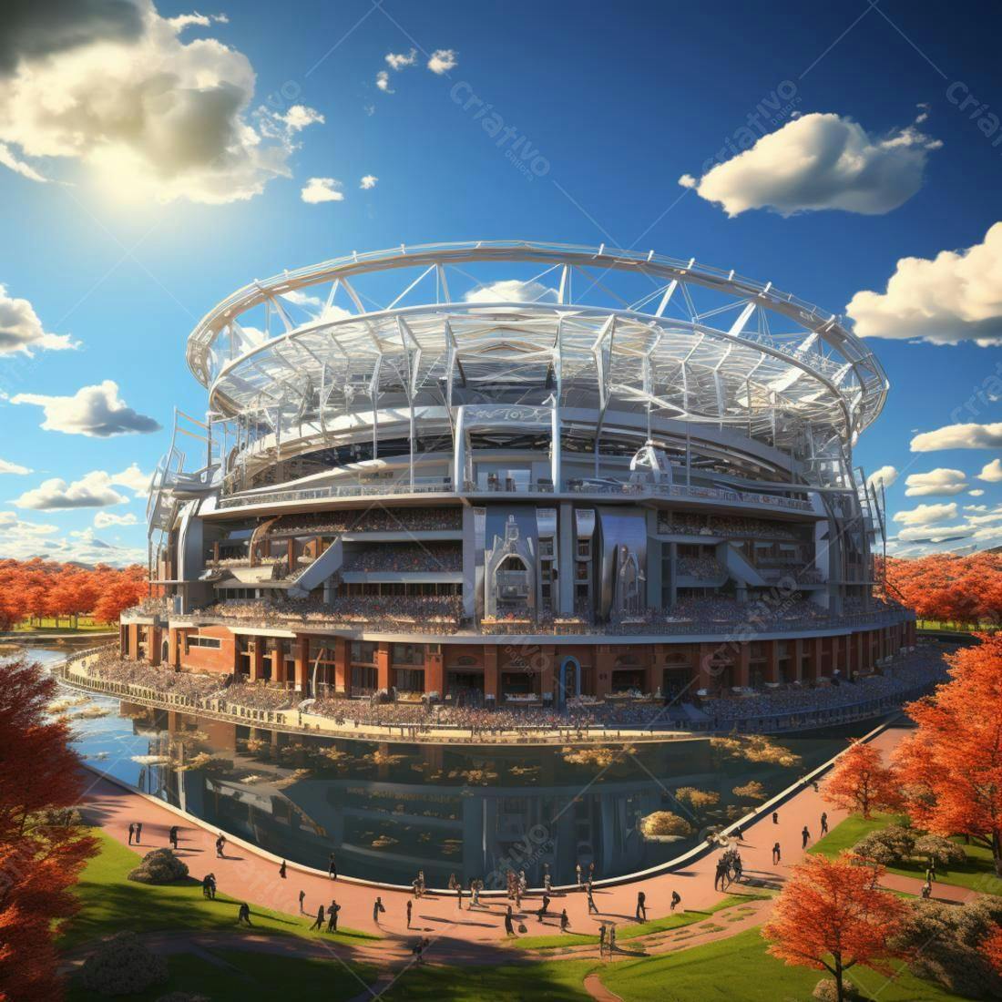 Estádio moderno com lago e árvores outonais